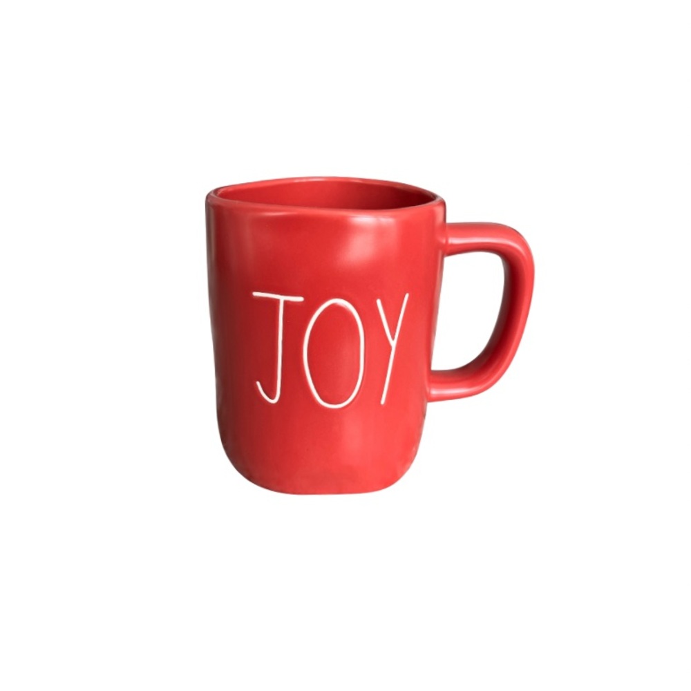 RAE DUNN || RED WHITE WITH THE WORD "JOY" ENGRAVED ON FRONT || TEA/COFFEE MUG